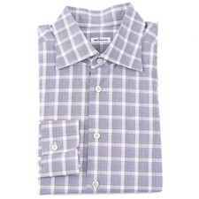 Kiton Napoli Tailored-Fit Blue-White-Brown Check Cotton Dress Shirt 17 x 37