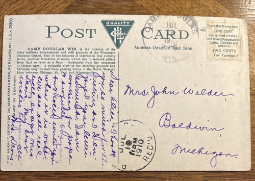 Camp Douglas WI Vogelperspektive 1910 gedruckte Postkarte, N.W.R.R. & Target Bluff - Bild 4 von 4