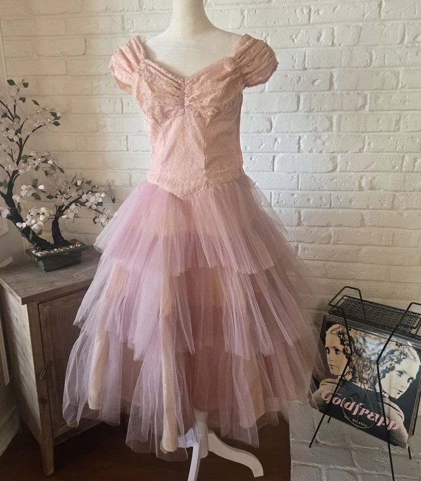 Vintage 1950s Tulle & Lace Dress With Matching Hat, 0/2, Party, Tea, Dance - Image 2 of 4