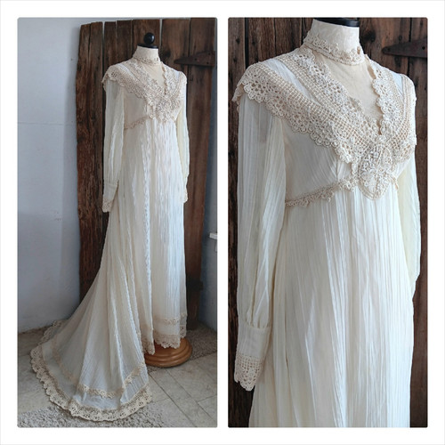 Vintage 70s Ivory Gauze Boho Wedding Dress Gunne Sax Style Prairie Hippie *A - Picture 1 of 22