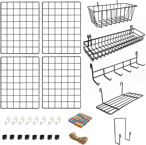 4-Pack Wire Wall Grid Panel Set with Baskets, Hooks & Shelves - Stylish Decor - Picture 3 of 9