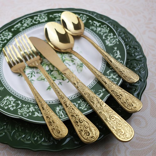 Vintage geschnitztes Gold Edelstahl 20 Teile Besteck Set, goldenes Silberbesteck... - Bild 6 von 6