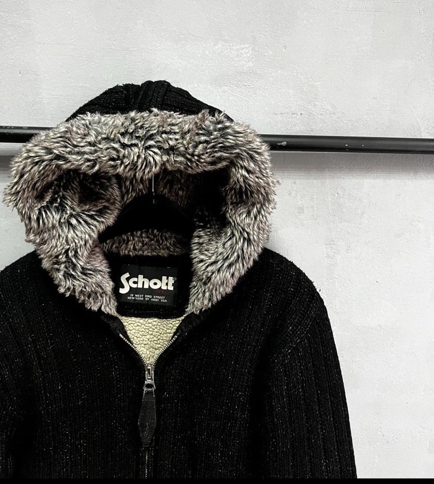 SCHOTT NYC L  Wool Sweater Jacket Coat Heavyweight Hoodie Fur Cable Knit BLACK - Image 4 of 4