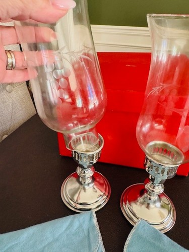 Vintage Cartier Pewter Candlesticks Pair Etched Hurricane Glass NIB NOS NEW Set - Picture 6 of 12