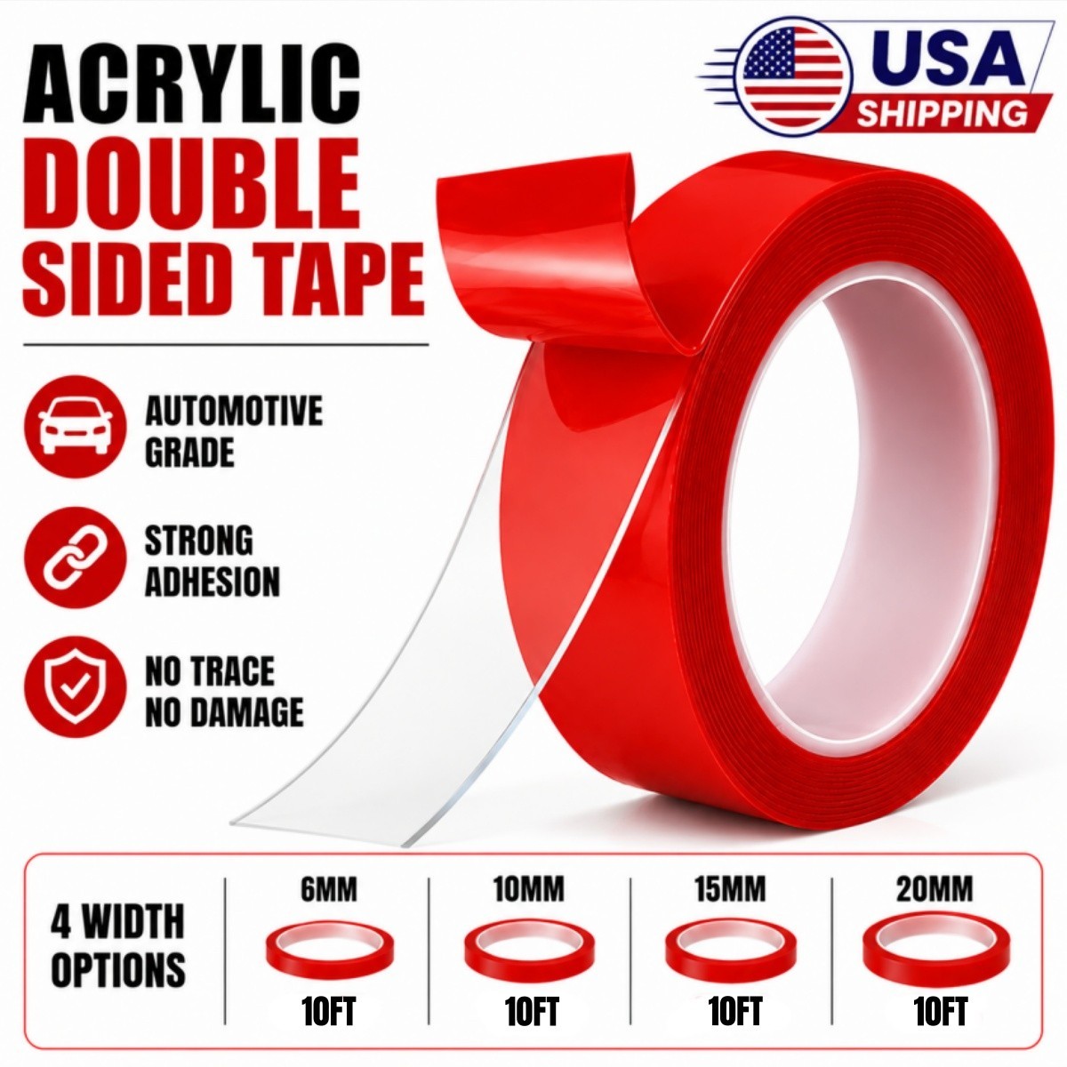 Automotive Acrylic Double Sided Tape 6/10/15/20MM Waterproof Strong Adhesive US
