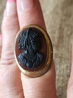 Vintage Brass Ring With Black Cameo Metal Wear Top Measures 1.21" Size 5