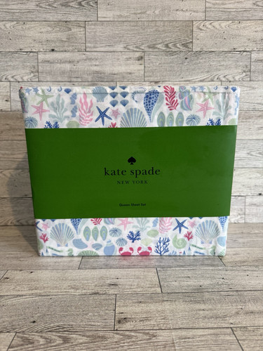 Nuovo set lenzuola cotone Kate Spade Queen 4 pezzi conchiglie spiaggia costiera castelli di sabbia - Foto 1 di 3