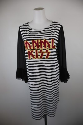 MNML Damen T-Shirt Kleid Midi Gestreift Weiß Schwarz, Kurzarm, Regular M