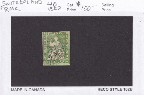 MATT'S STAMPS SWITZERLAND #40 HELVETIA 40-RAPPEN ISSUE OF 1858-1862, USED CV$100 - Picture 3 of 3