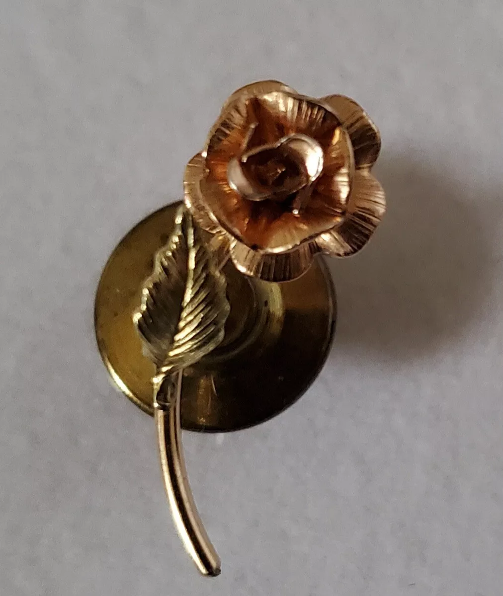 Vintage Krementz 14k Heavy Gold Overlay Tri Color Rose Flower Tie Tack Lapel Pin