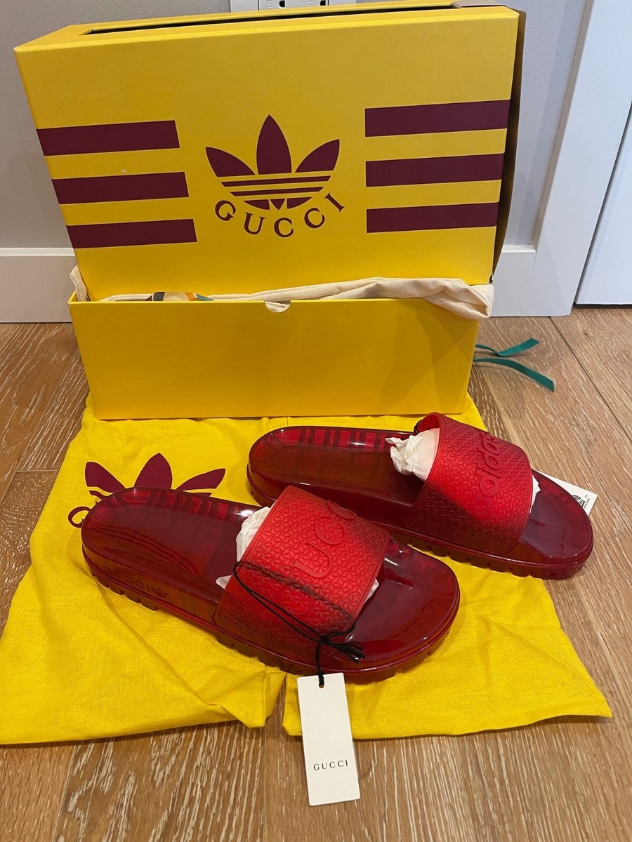 NEW GUCCI x ADIDAS MENS RUBBER LOGO PLATFORM RED SLIDE SIZE