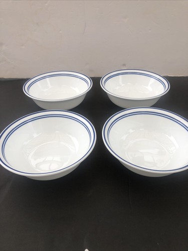 "Lote de 4 cuencos de sopa de cereal Corelle CLASSIC CAFÉ 6,25"" blanco 3 rayas borde azul" - Imagen 3 de 6