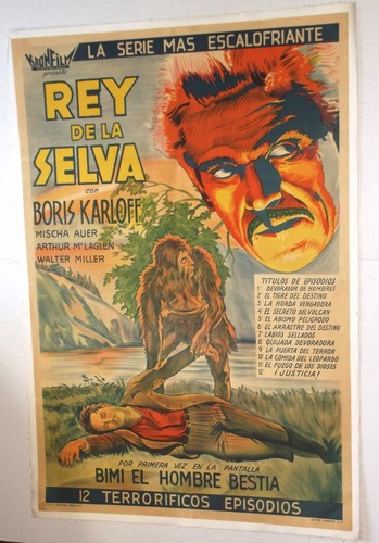 BORIS KARLOFF REY DE SELVA vtg SERIAL MOVIE POSTER ARGENTINA King of Wild LINEN - Picture 1 of 9