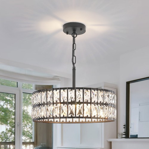 Farmhouse 5-Light Crystal Chandeliers,Drum Shade Semi Flush Mount Lighting - Picture 4 of 22
