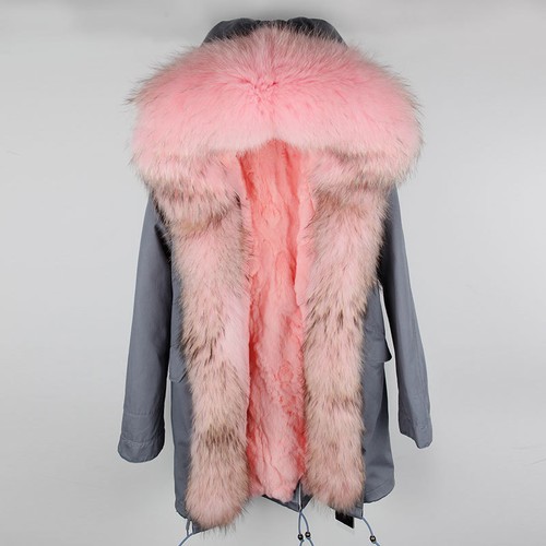 Cappotto Cappuccio Donna Vera Pelliccia di Procione Fodera Coniglio Giacca Lunga Finitura Pelliccia Cappotto - Foto 29 di 41