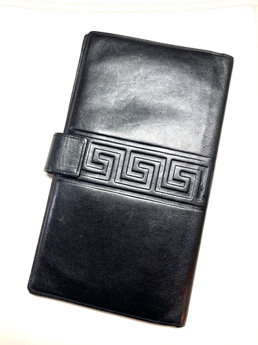 GIANNI VERSACE VINTAGE '90s GREEK KEY LEATHER LARGE WALLET BIFOLD ITALY BLACK - Picture 10 of 21