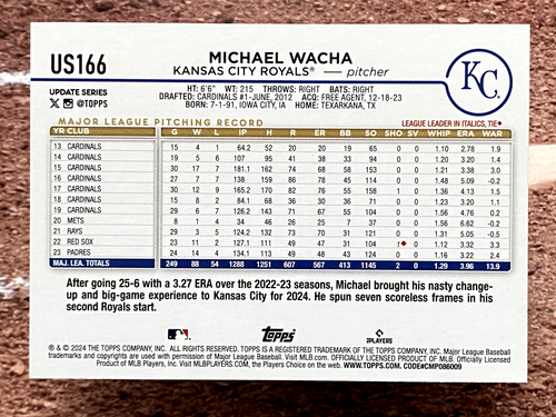 2024 Topps Update Rainbow Foil Michael Wacha #US166 Kansas City Royals - Picture 2 of 2