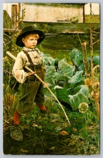 c1960s Boy in Garden Art Vintage Postcard