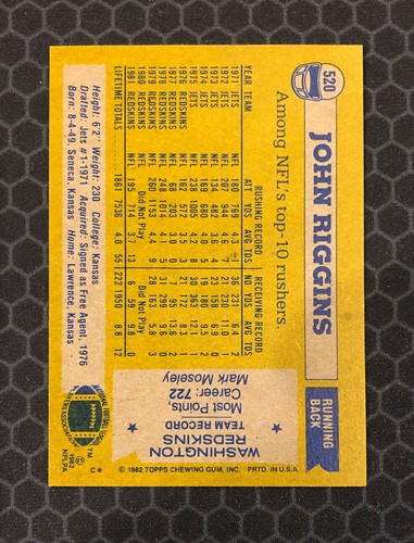 🏈 1982 Topps Football #520 - John Riggins - Washington Redskins - HOF 🏈 - Picture 2 of 2