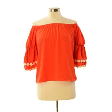 VaVa by Joy Han Orange Tiered Sleeve Boho Top XS Sunflower Trim