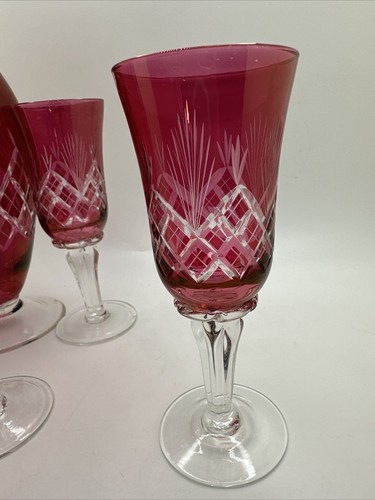 Vintage Cranberry Cut Glass/Etched Decanter And 4 Glasses Sherry Set - Picture 3 of 13