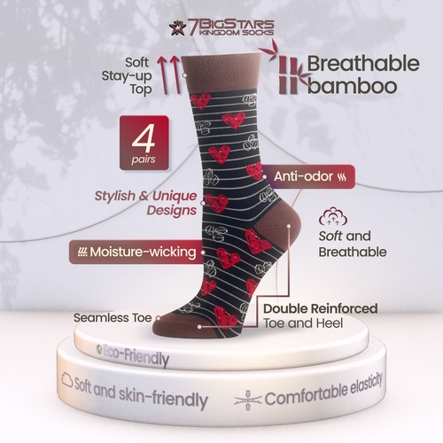 Women Bamboo Patterned Dress Crew Socks M 4Pack Coffee Beans Heart Black Brown - Picture 2 of 12