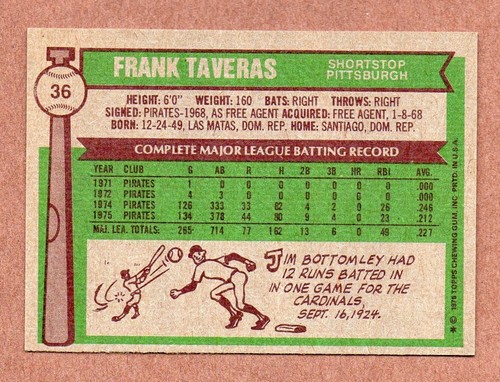1976 Topps #36 Frank Taveras Pirates EX (20% *Rabatt mit 10+ Artikeln!) - Bild 2 von 2