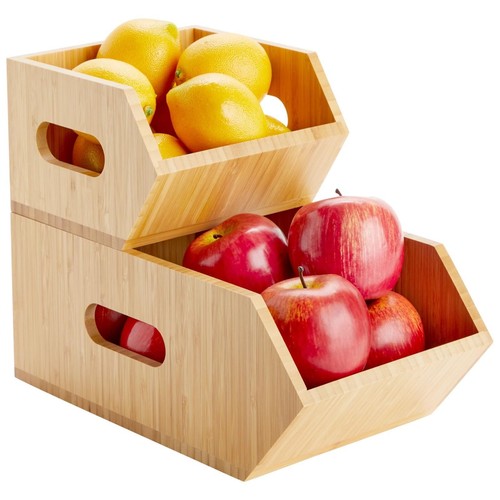 2 Pack Stackable Bamboo Wood Storage Bins Organization Boxes For Kitchen Pantry - Picture 9 of 9