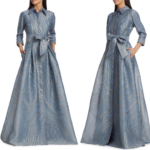 Rickie Freeman for Teri Jon NWT 6 Jacquard Metallic Abstract Dress Gown Blue - Bild 4 von 15