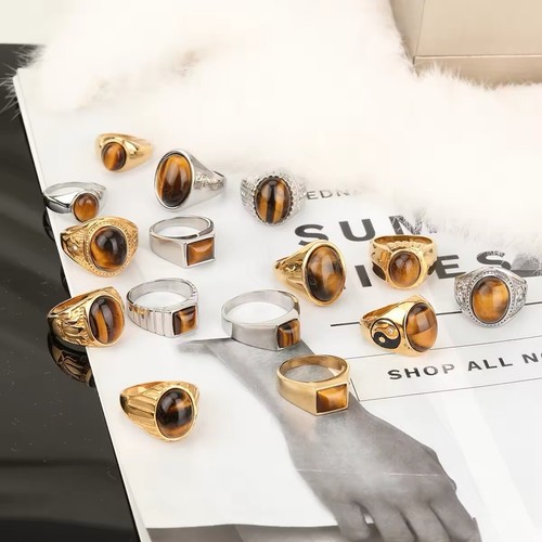 Oval Natural Tiger Eye Stone Gold Color Stainless Steel For Men - Picture 15 of 18
