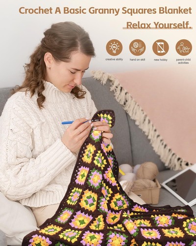 Crochet Kit for Beginners Large Basic Granny Square Crochet Blanket Kit 63 - Picture 2 of 9