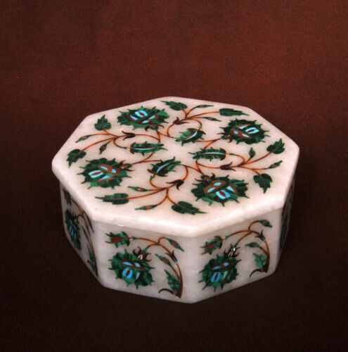 7 Zoll Intarsiengrün Malachit Blumenmuster Marmor Schmuck Schmuck Schmuck Box Inlay Antik - Bild 4 von 5