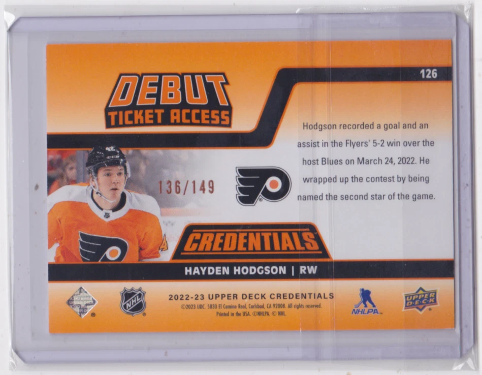 2022-23 UD CREDENTIALS DEBUT TICKET ORANGE SP 136/149 HAYDEN HODGSON #126 FLYERS - Image 2 of 2