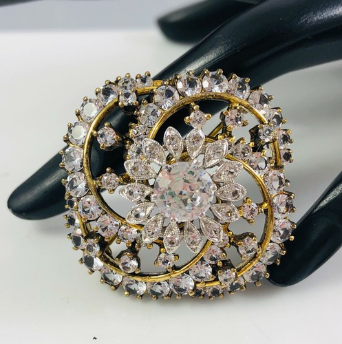 Antique Sterling Silver & Gold Wash Open Back Paste Rhinestones Swirl Pin Brooch - Picture 6 of 6