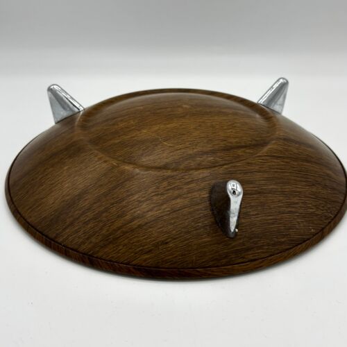 Centrotavola portafrutta vintage Lanthe tondo effetto legno teak decoro piedi argento - Foto 3 di 6