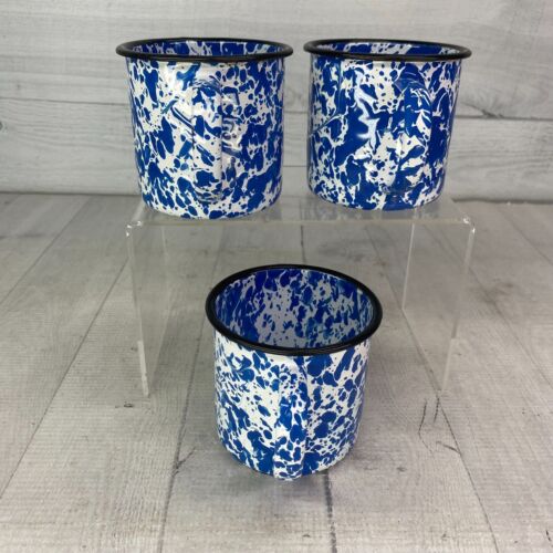 CSG International BLUE SPATTERWARE White Enamelware 12oz Camping Cups Mugs Set 3 - Picture 5 of 17