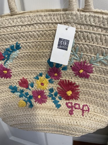 Gap Kids Paper Straw Bucket Beach Tote Bag Handbag Embroidered NWT - Picture 3 of 13
