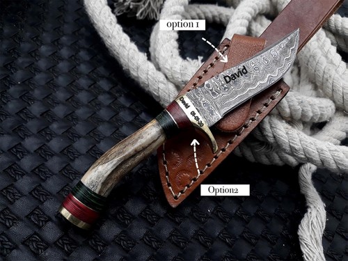 Personalized Deer Antler Hunting Knife Handmade Damascus Camping Knife for Gift - Picture 1 of 8