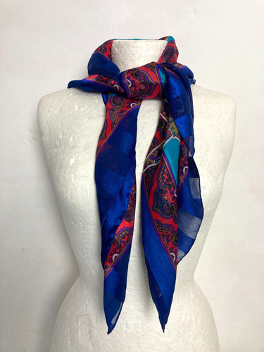 Vintage Silk Neck Scarf Head Scarf Royal Blue Paisley Indian Elephant Square - Picture 5 of 9
