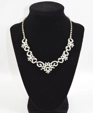 Vintage Silver Tone CHOKER Statement Necklace with Clear Rhinestones  17"