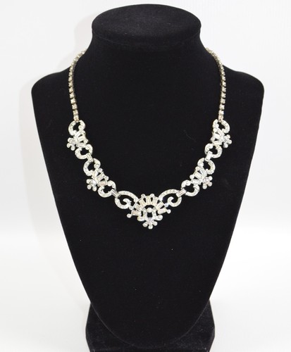 Vintage silberfarben Halsband Statement Halskette mit klaren Strasssteinen 17"