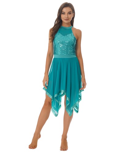 Women's Lyrical Dance Dress Halter Neck Sequins Modern High Low Skirt Dancewear - Bild 7 von 58