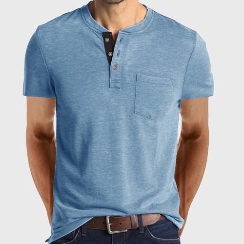 Men Short Sleeve Henley T-shirt Casual Grandad Button V Neck Solid Tee Shirt Top - Picture 25 of 30