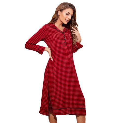 loose medium length can be worn outside the home Nightdress lady red plaid - Picture 5 of 6