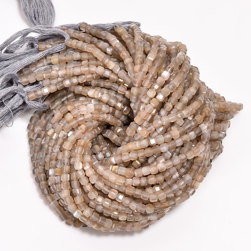 Grey Moonstone Gemstone Box Shape Micro Faceted Beads 3X3 mm Strand 12.5" GB-691 - Picture 2 of 3