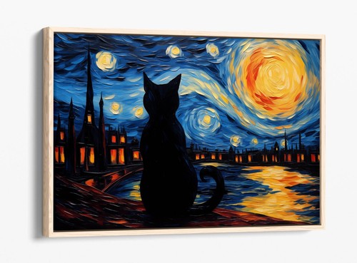 VAN GOGH STARRY NIGHT WITH BLACK CAT -FLOAT EFFECT FRAMED CANVAS WALL ART PRINT - Picture 3 of 12
