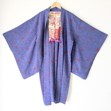 Japanese Vintage Haori Kimono Jacket Silk Bluish purple Citrus Flower pattern