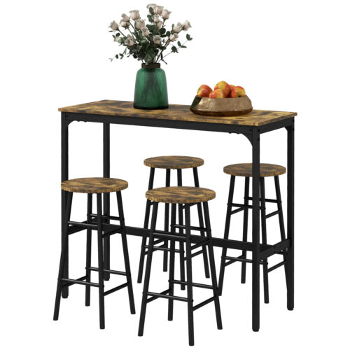 5 Piece Bar Dining Table and Chair Set 4 Stools Industrial Steel Rustic Brown - Picture 11 of 12