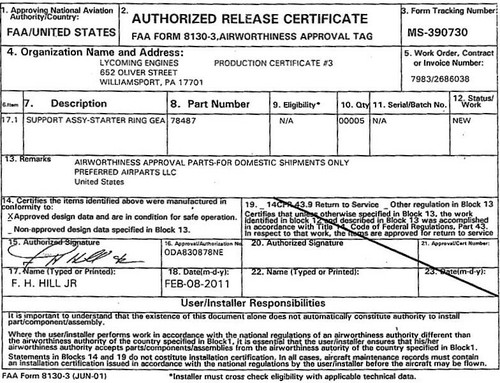 New Lycoming Aircraft Engine Support Assy-Starter Ring Gear pn 78487 with 8130-3 - Picture 7 of 7