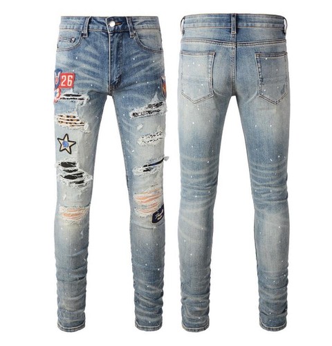 Pantalones de mezclilla para hombre azules elásticos informales de motocicleta con insignia bolsillos rasgados punk - Imagen 2 de 13